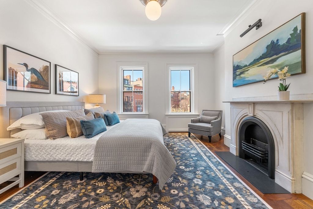 Bedroom, Fireplace, Interior, Wood Texture Flooring