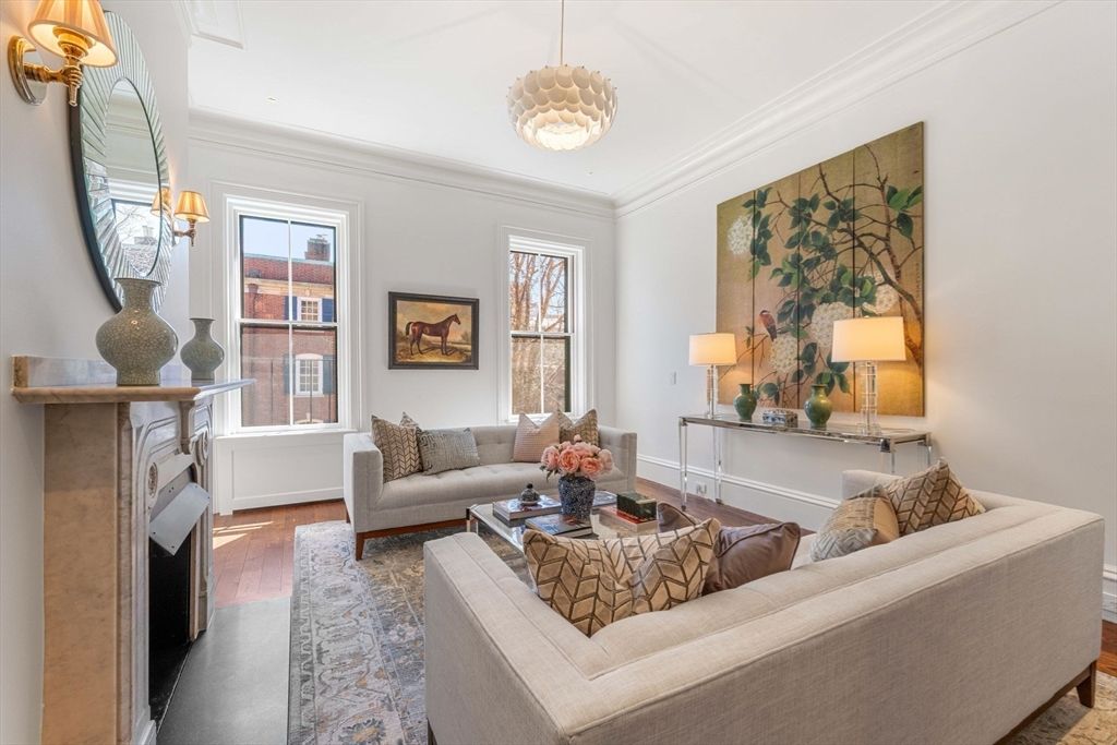 Fireplace, Interior, Living room, Pendant Lights, Wood Texture Flooring