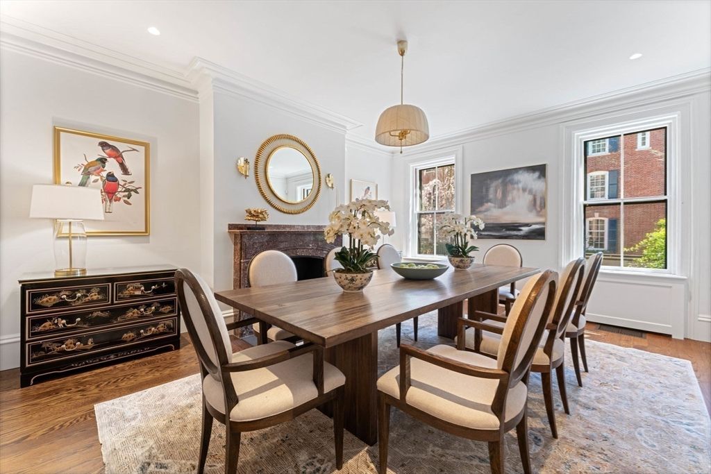 Dining room, Interior, Pendant Lights, Recessed Lighting, Wood Texture Flooring