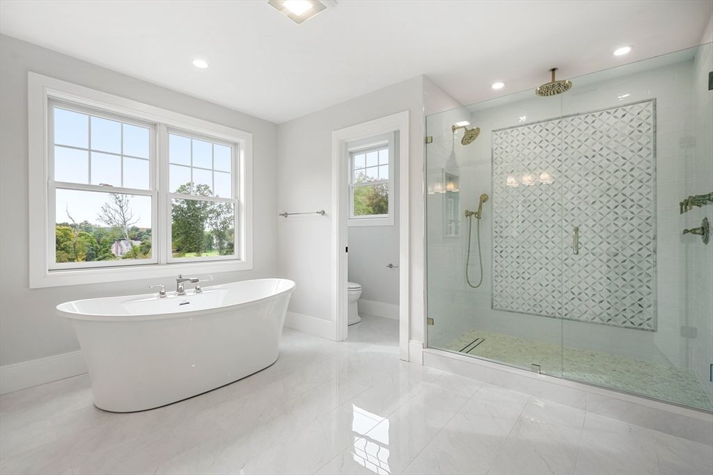 Bathroom, Free Standing Baths, Glass Shower, Interior, Recessed Lighting