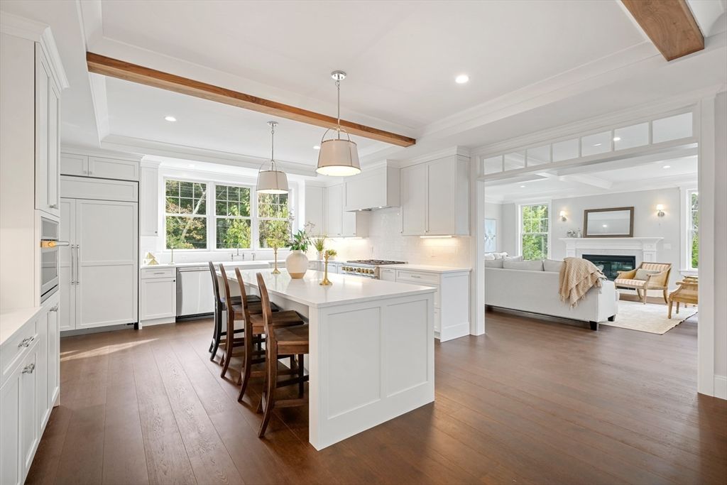 Fireplace, Interior, Kitchen, Living room, Pendant Lights, Recessed Lighting, Wooden Beams, Wood Texture Flooring