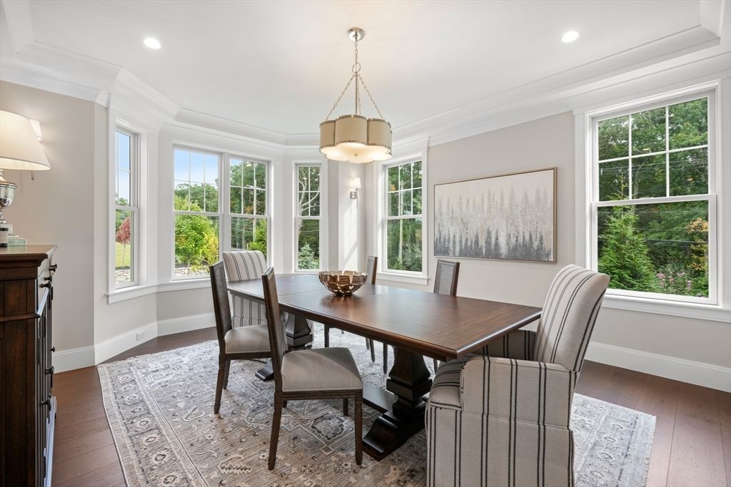 Dining room, Interior, Pendant Lights, Recessed Lighting, Wood Texture Flooring