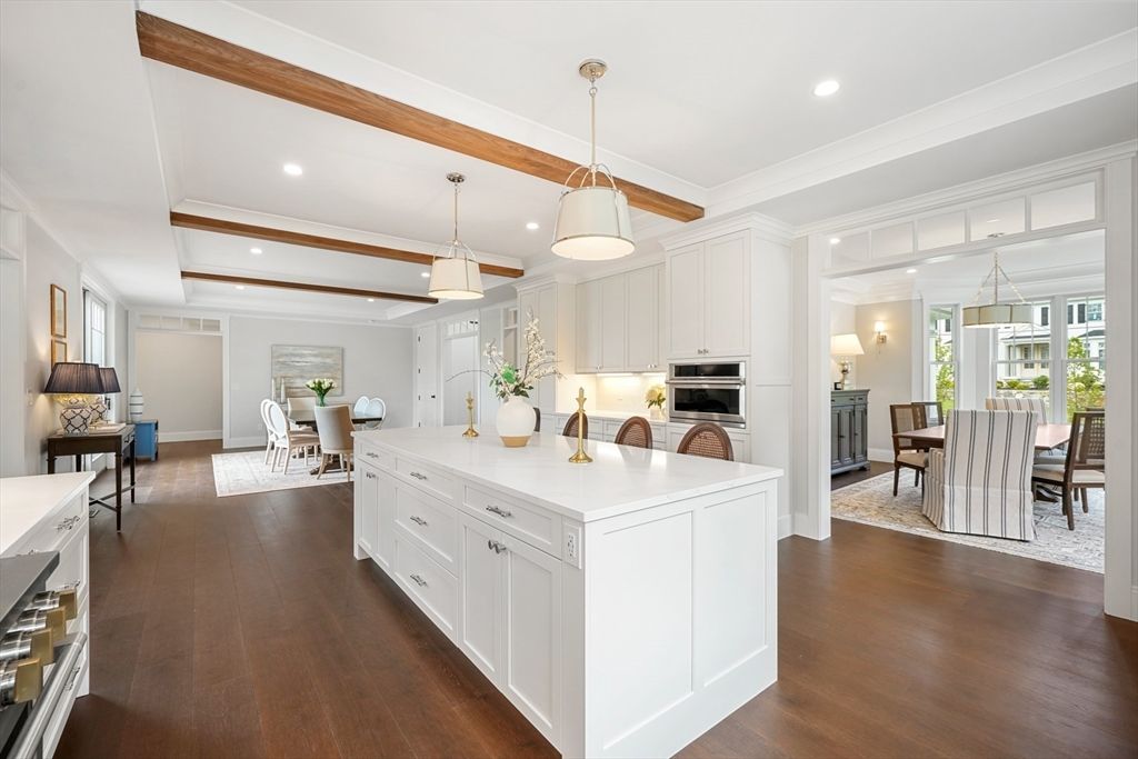 Dining room, Interior, Kitchen, Pendant Lights, Recessed Lighting, Stainless Steel Appliances, Wooden Beams, Wood Texture Flooring