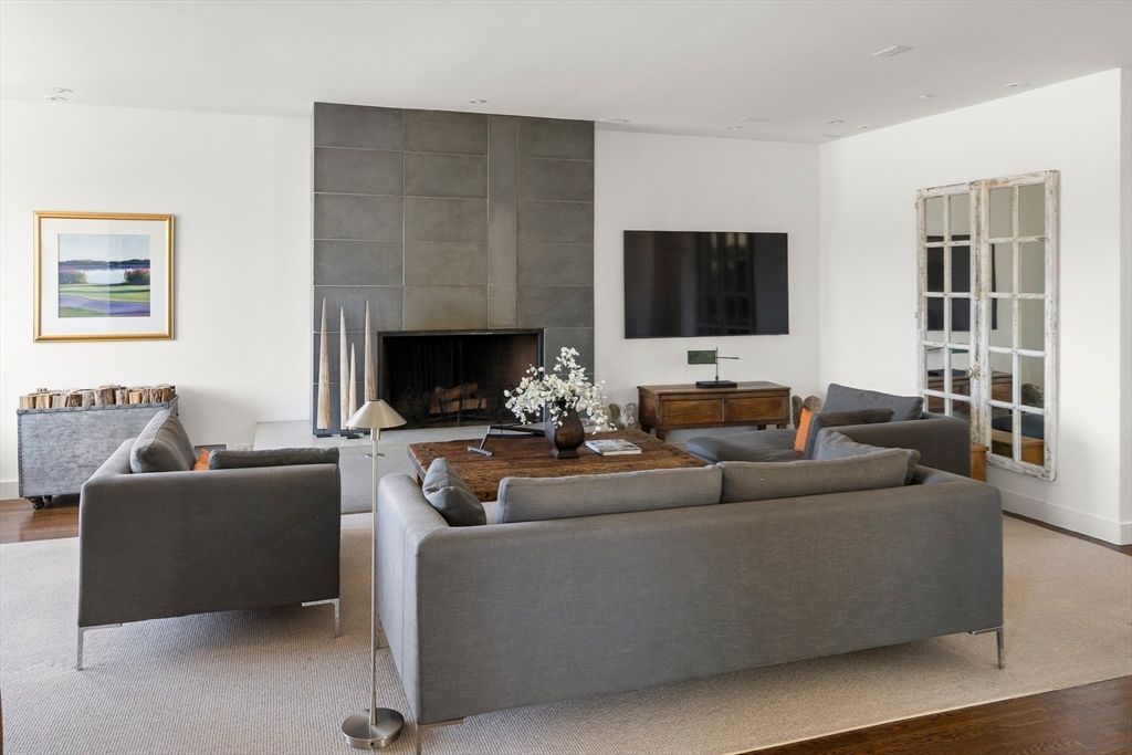 Fireplace, Interior, Living room, Recessed Lighting, Wood Texture Flooring