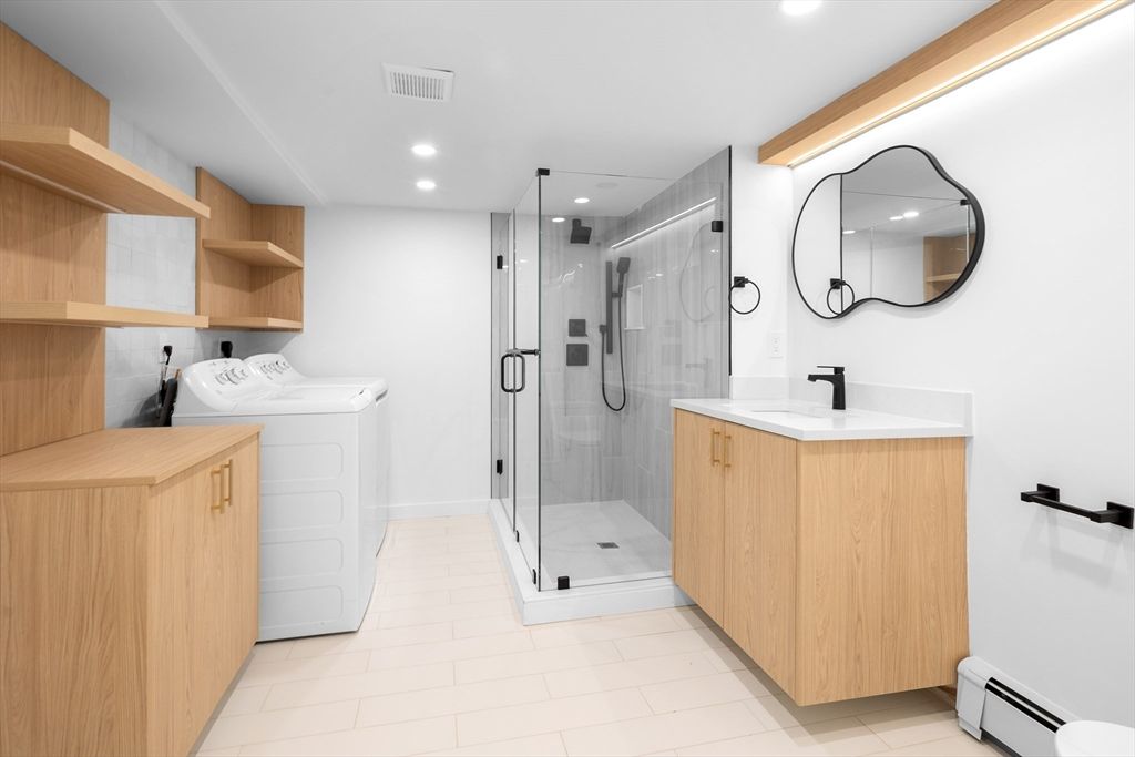 Bathroom, Dual Sink Vanities, Glass Shower, Interior, Recessed Lighting, Washer