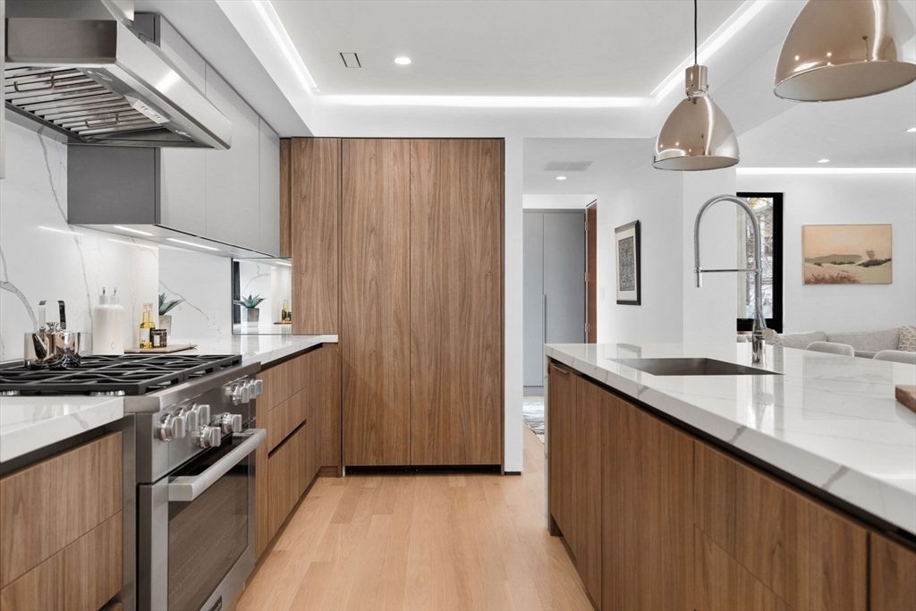 Interior, Kitchen, Pendant Lights, Recessed Lighting, Stainless Steel Appliances, Wood Texture Flooring