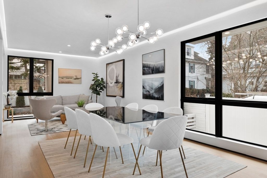 Dining room, Interior, Pendant Lights, Recessed Lighting, Wood Texture Flooring