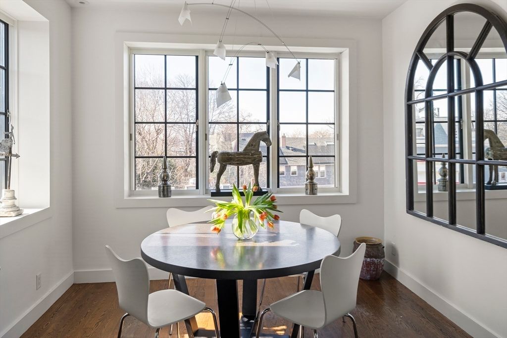 Dining room, Interior, Pendant Lights, Wood Texture Flooring