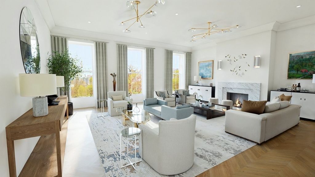 Fireplace, Interior, Living room, Pendant Lights, Recessed Lighting, Wood Texture Flooring