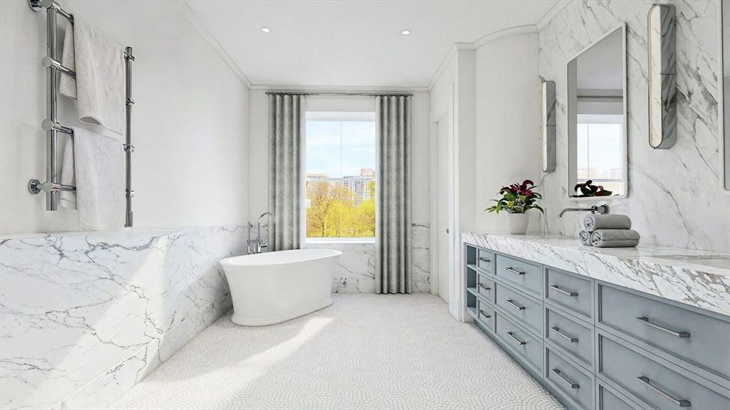 Bathroom, Free Standing Baths, Interior, Marble Walls, Recessed Lighting