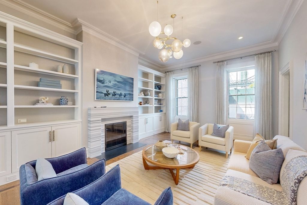 Fireplace, Interior, Living room, Pendant Lights, Recessed Lighting, Wood Texture Flooring