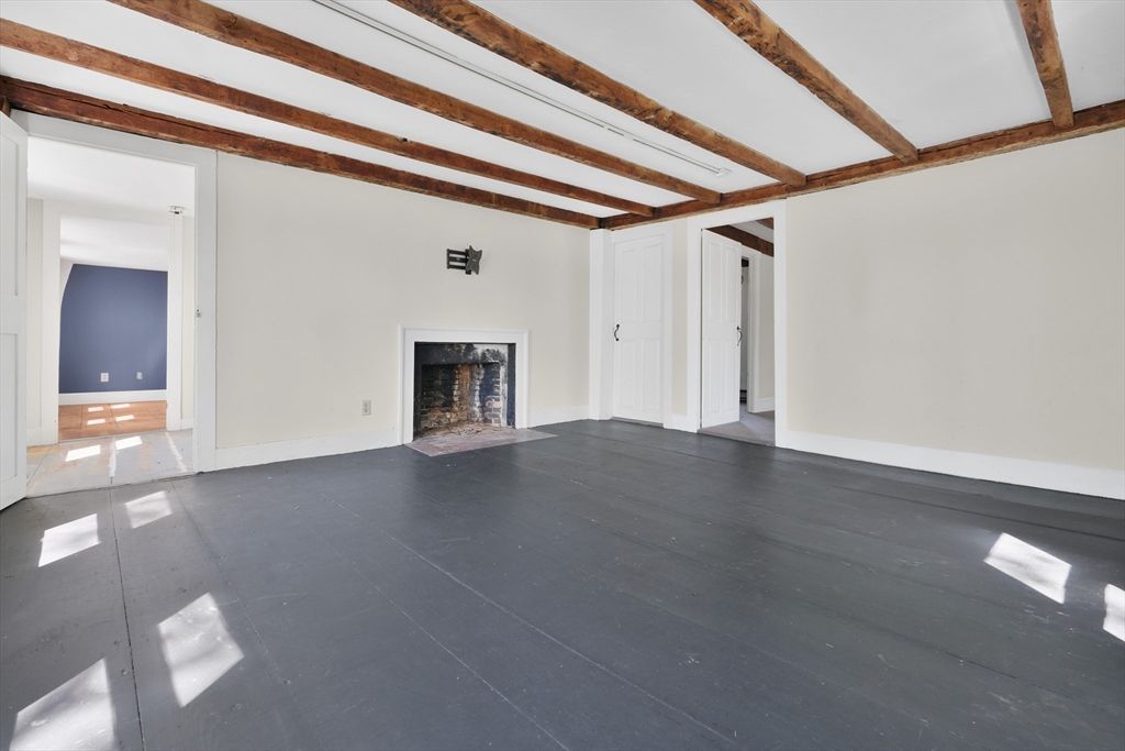Empty room, Fireplace, Interior, Wooden Beams, Wood Texture Flooring