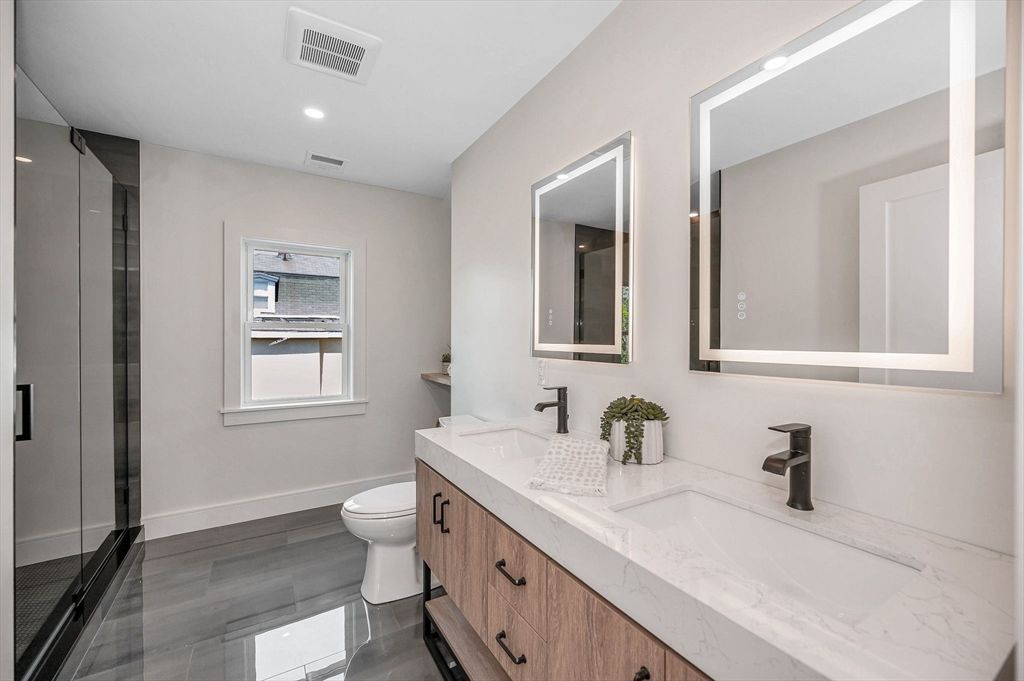 Bathroom, Dual Sink Vanities, Interior, Recessed Lighting, Wood Texture Flooring