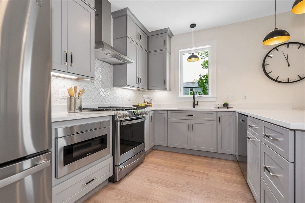 Interior, Kitchen, Pendant Lights, Stainless Steel Appliances, Wood Texture Flooring