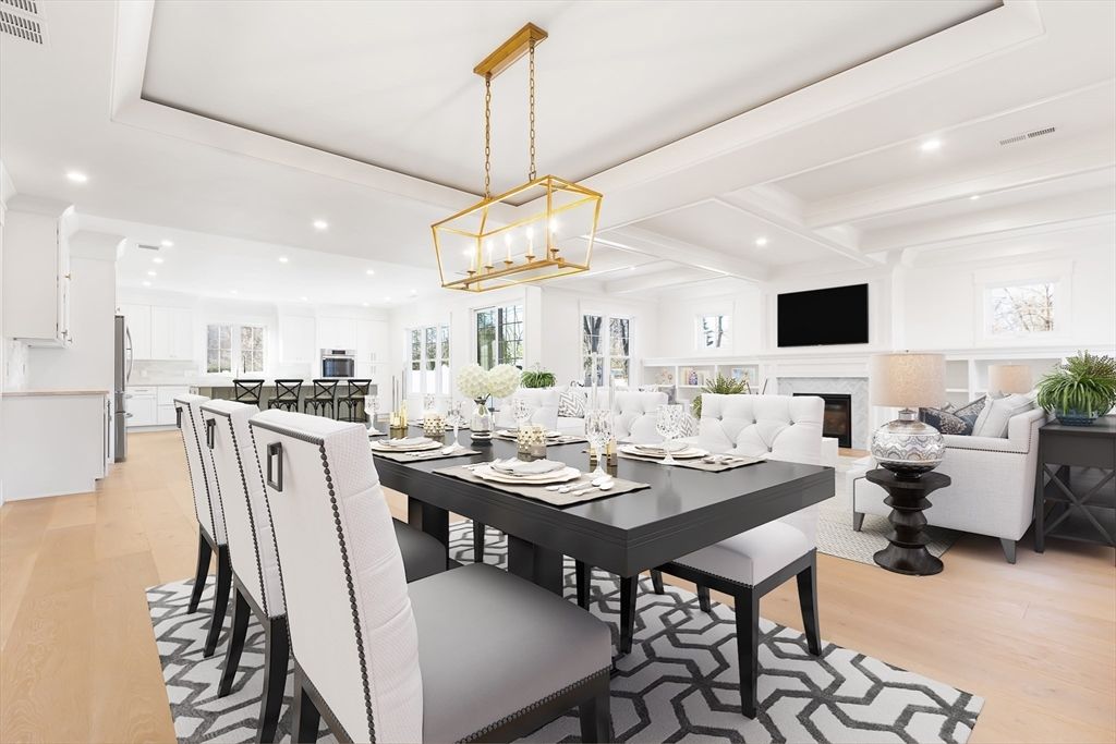 Dining room, Fireplace, Interior, Kitchen, Living room, Pendant Lights, Recessed Lighting, Wood Texture Flooring