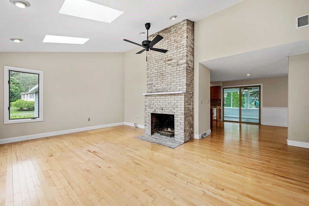 Empty room, Fireplace, Interior, Recessed Lighting, Wood Texture Flooring