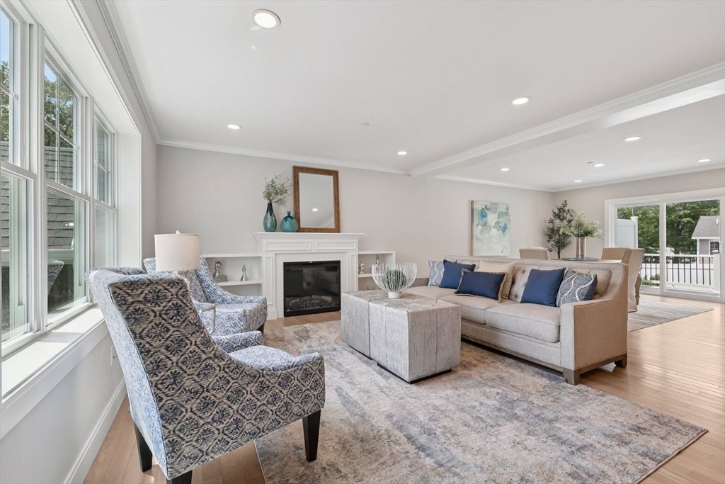 Fireplace, Interior, Living room, Recessed Lighting, Wood Texture Flooring