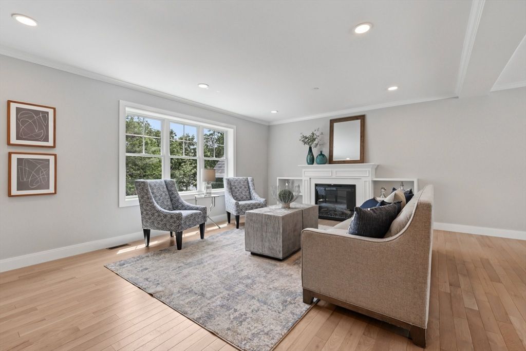 Fireplace, Interior, Living room, Recessed Lighting, Wood Texture Flooring