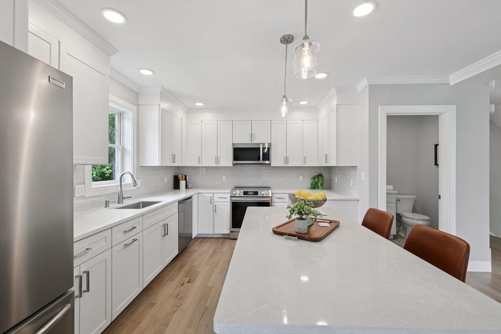 Interior, Kitchen, Pendant Lights, Recessed Lighting, Stainless Steel Appliances, Wood Texture Flooring