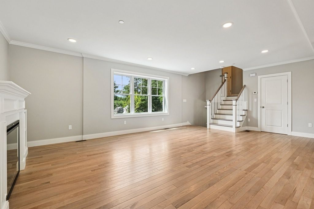 Empty room, Fireplace, Interior, Recessed Lighting, Wood Texture Flooring