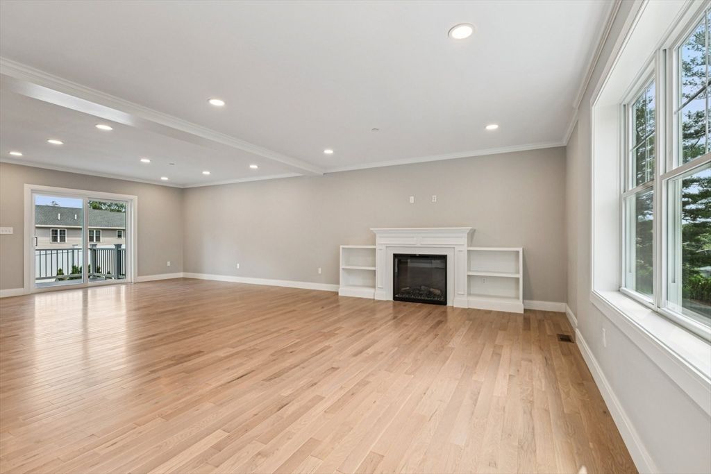 Empty room, Fireplace, Interior, Recessed Lighting, Wood Texture Flooring