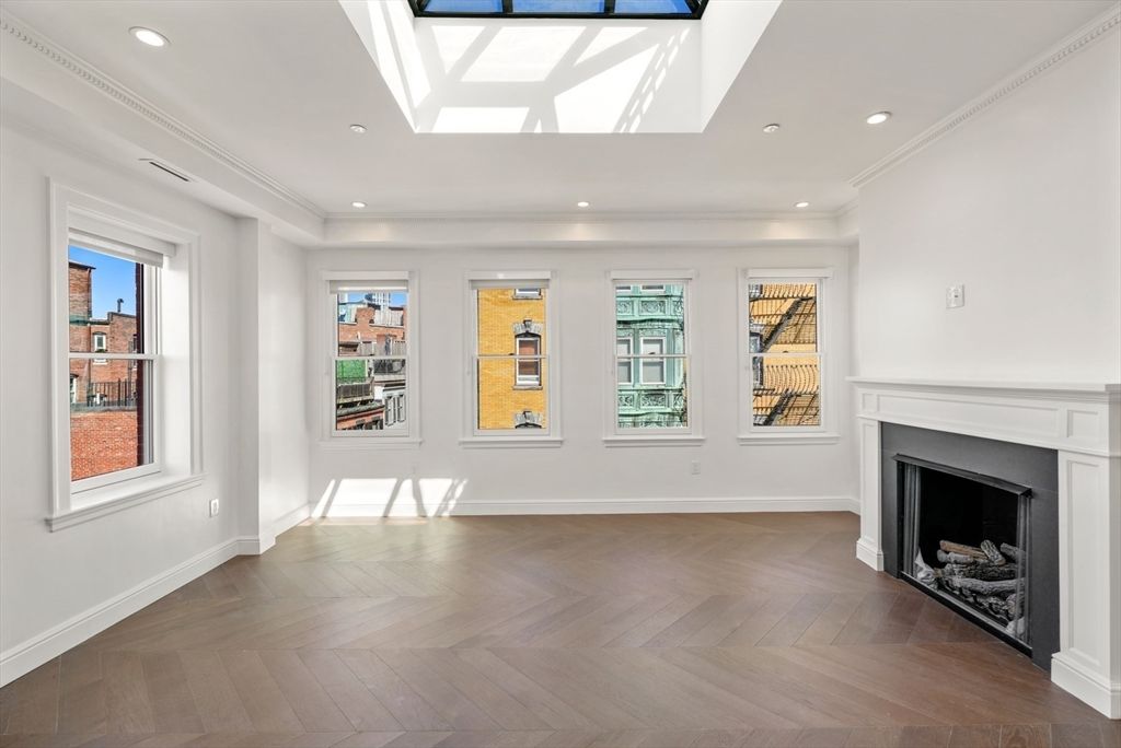Empty room, Fireplace, Interior, Recessed Lighting, Wood Texture Flooring