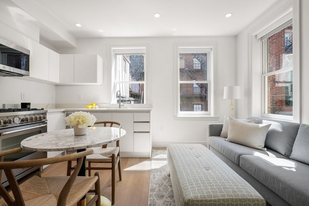Dining room, Interior, Kitchen, Living room, Recessed Lighting, Stainless Steel Appliances, Wood Texture Flooring
