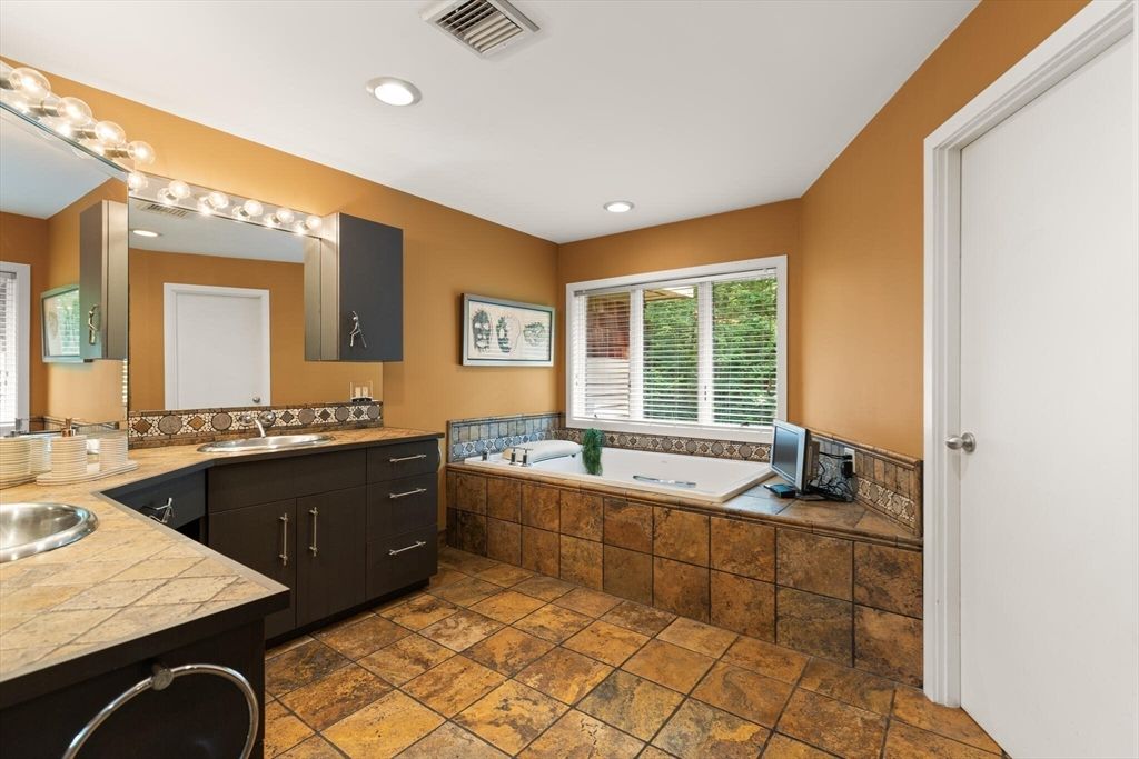 Bathroom, Dual Sink Vanities, Interior, Recessed Lighting, Tile Countertops