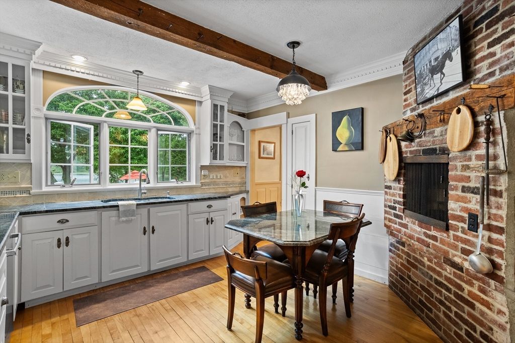 Interior, Kitchen, Pendant Lights, Recessed Lighting, Stone Walls, Wooden Beams, Wood Texture Flooring