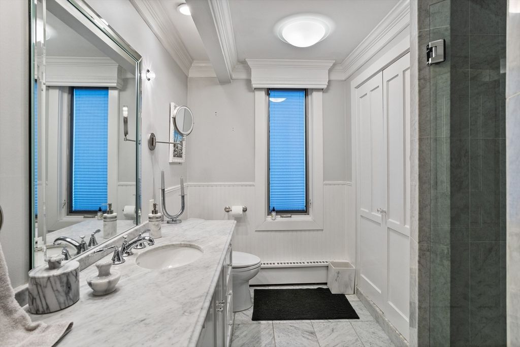 Bathroom, Dual Sink Vanities, Glass Shower, Interior, Marble, Recessed Lighting