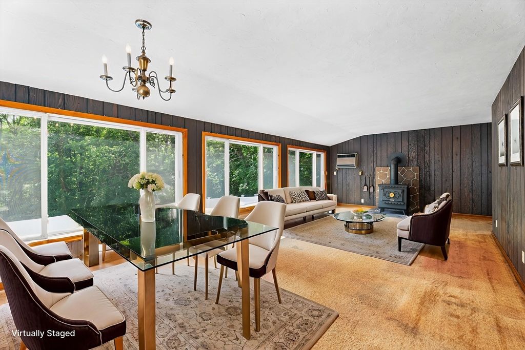 Chandelier, Dining room, Fireplace, Interior, Living room, Wooden Walls