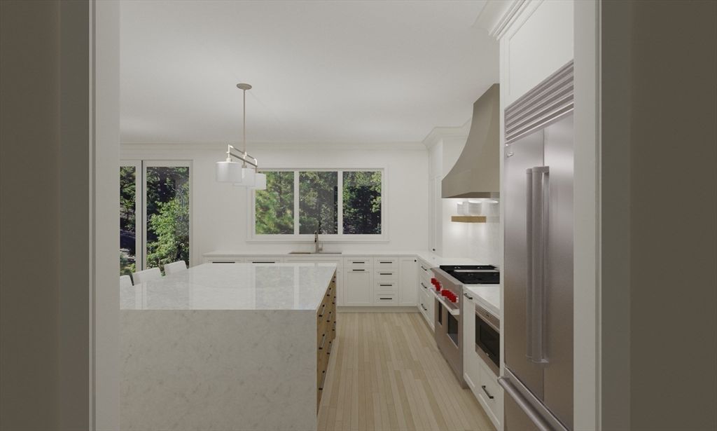 Interior, Kitchen, Pendant Lights, Stainless Steel Appliances, Wood Texture Flooring