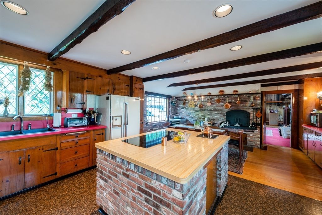 Chandelier, Dining room, Interior, Kitchen, Recessed Lighting, Stone Walls, Wooden Beams, Wood Texture Flooring