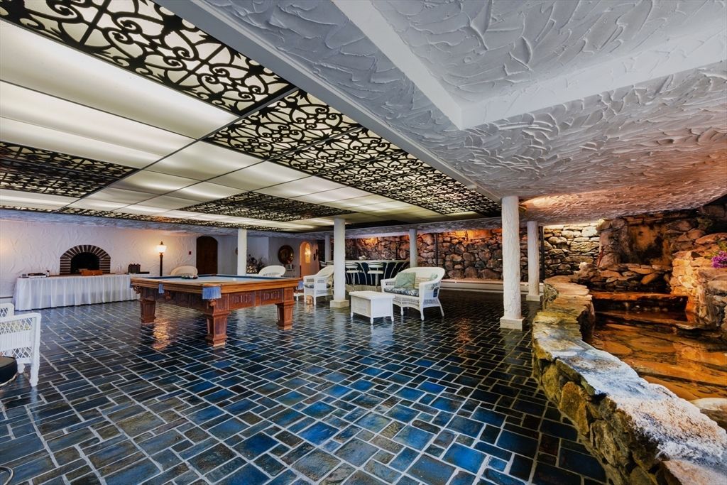 Billiard Table, Fireplace, Game Room, Interior, Stone Walls