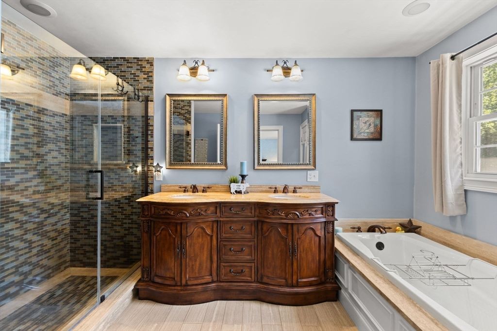 Bathroom, Dual Sink Vanities, Glass Shower, Interior, Wood Texture Flooring