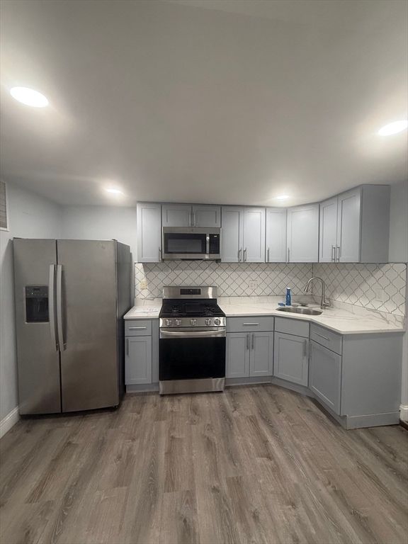 Interior, Kitchen, Recessed Lighting, Stainless Steel Appliances, Wood Texture Flooring