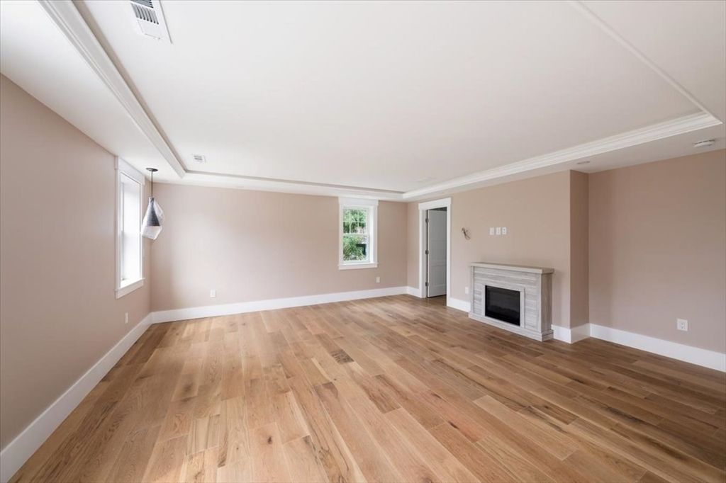 Empty room, Fireplace, Interior, Pendant Lights, Recessed Lighting, Wood Texture Flooring