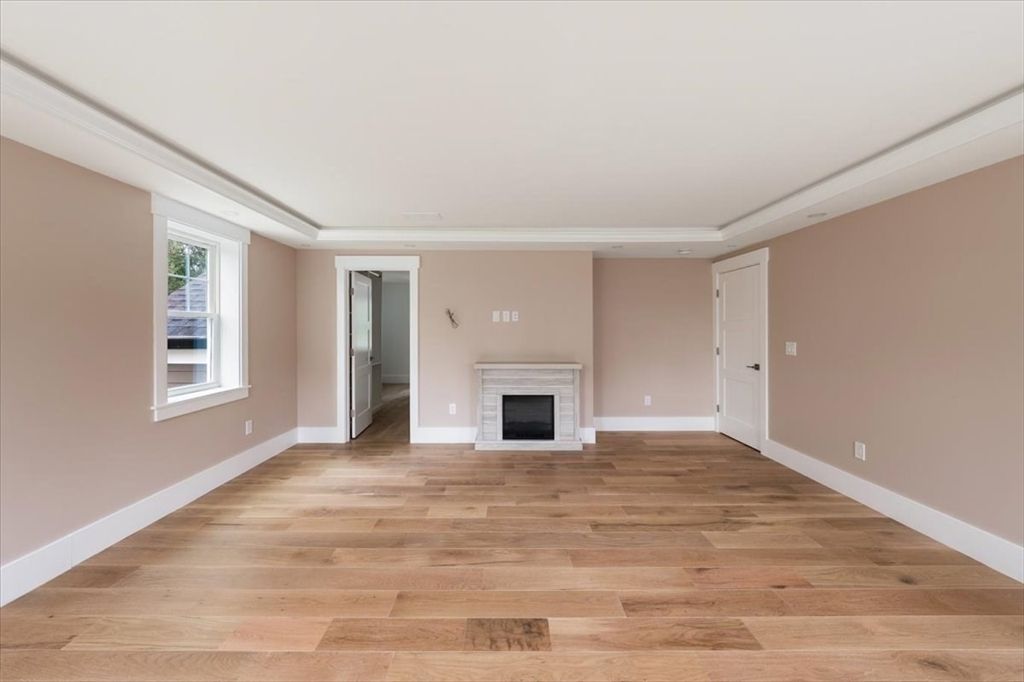 Empty room, Fireplace, Interior, Recessed Lighting, Wood Texture Flooring