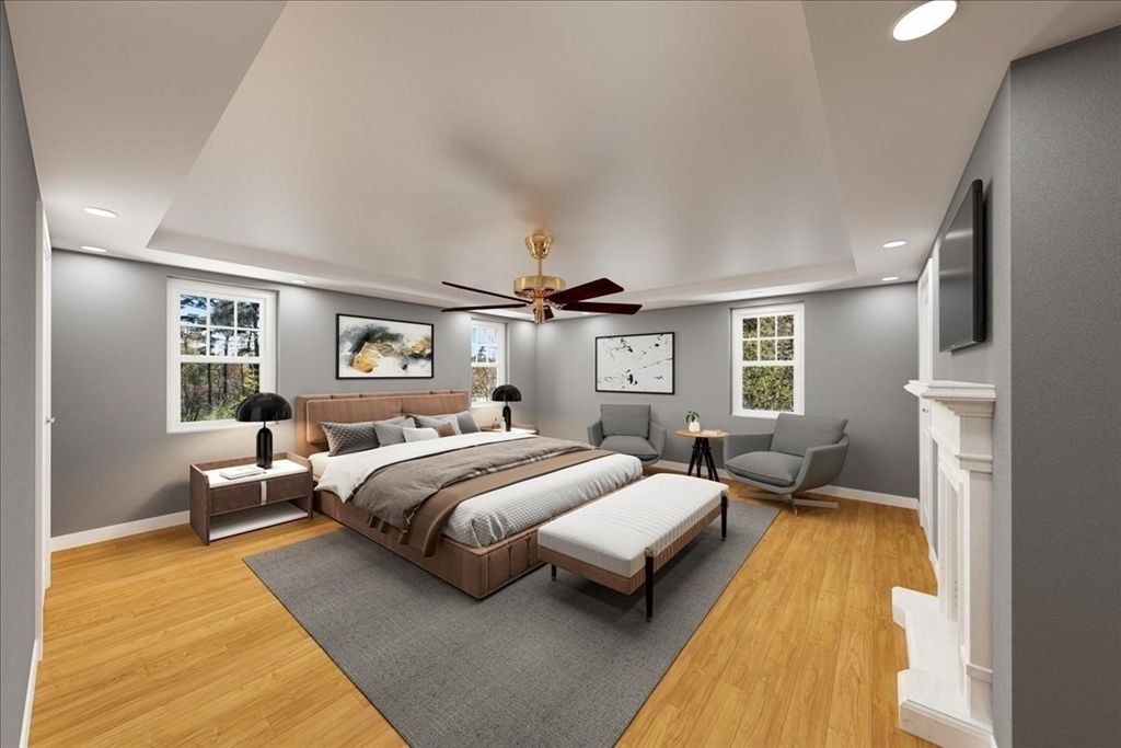 Bedroom, Fireplace, Interior, Recessed Lighting, Wood Texture Flooring