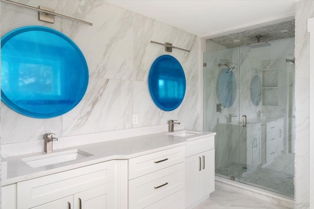 Bathroom, Dual Sink Vanities, Glass Shower, Interior, Marble, Marble Walls