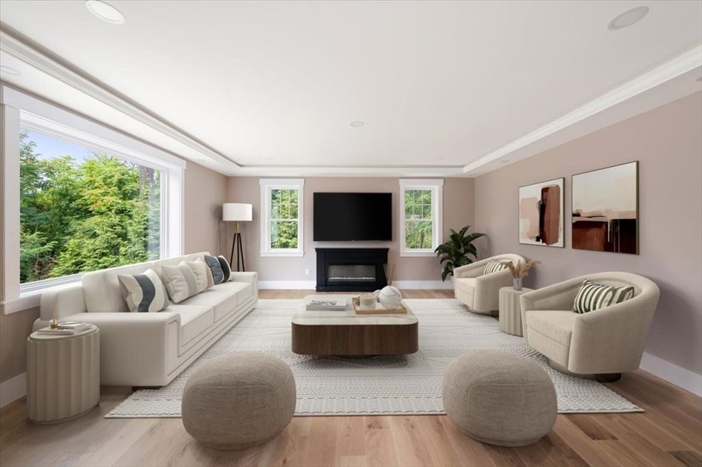 Fireplace, Interior, Living room, Recessed Lighting, Wood Texture Flooring