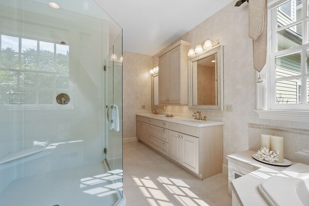 Bathroom, Dual Sink Vanities, Glass Shower, Interior, Tile Countertops