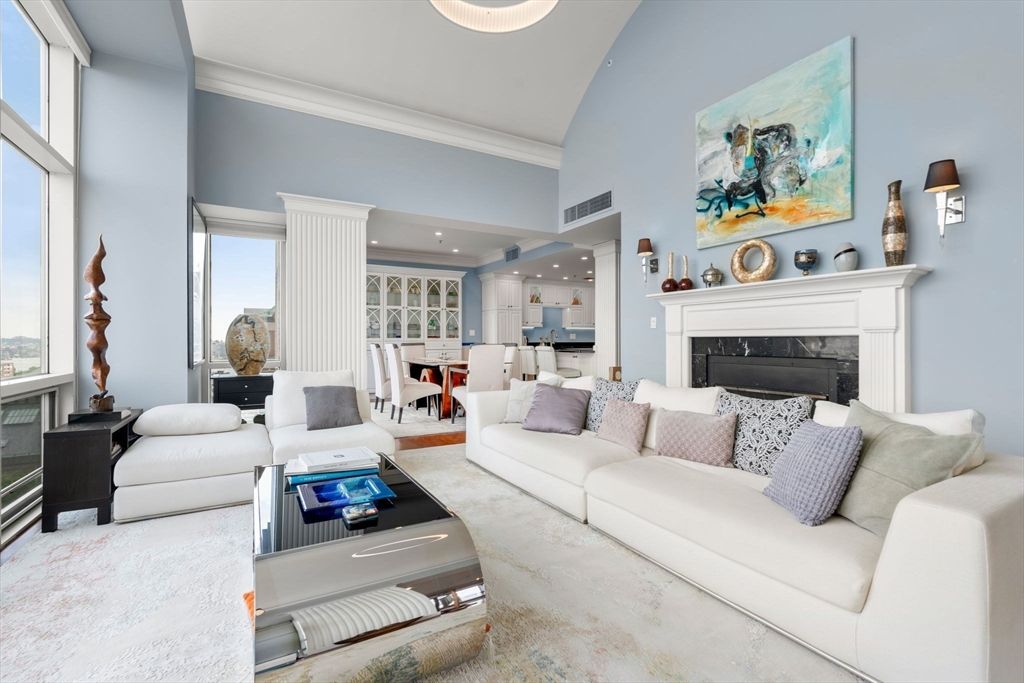 Dining room, Fireplace, Interior, Living room, Pendant Lights, Recessed Lighting