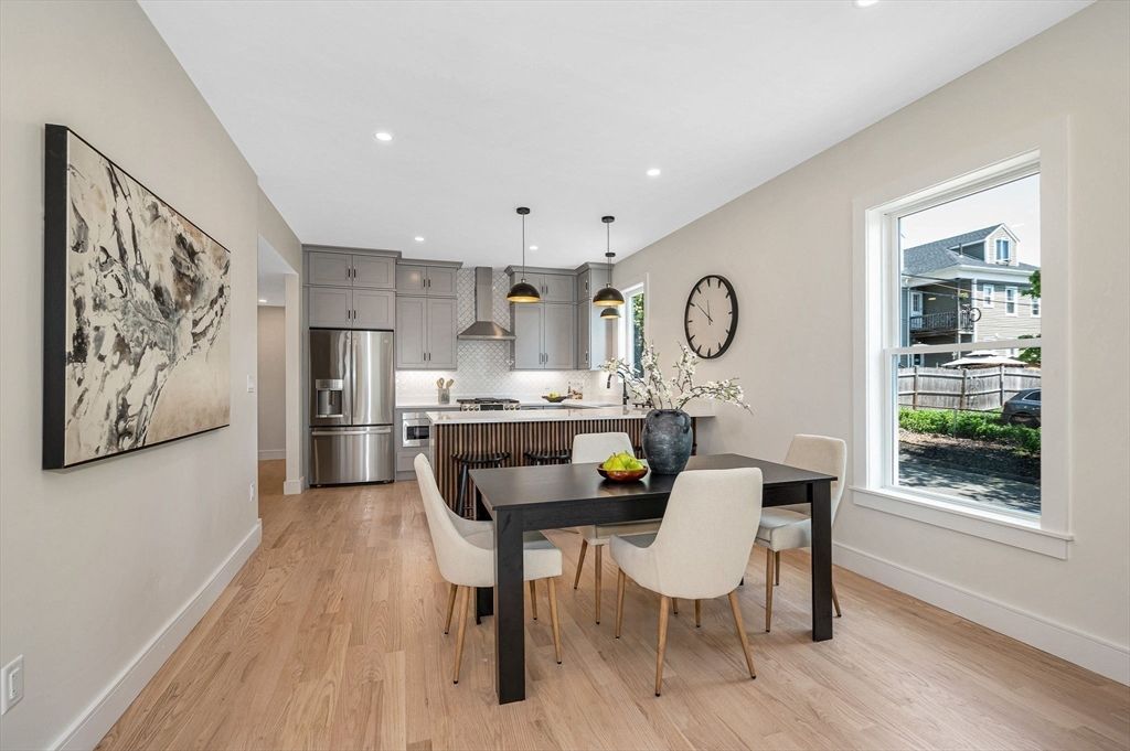Dining room, Interior, Kitchen, Pendant Lights, Recessed Lighting, Stainless Steel Appliances, Wood Texture Flooring