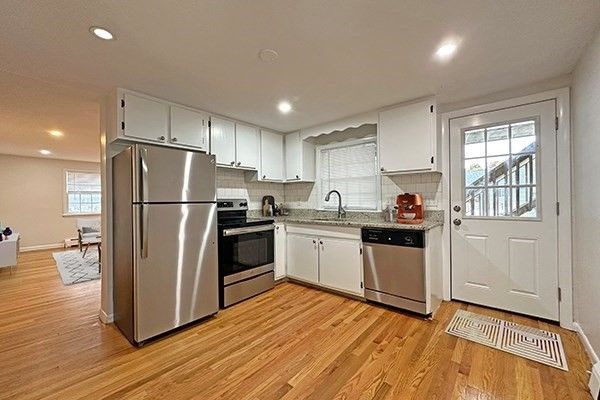 Interior, Kitchen, Recessed Lighting, Stainless Steel Appliances, Wood Texture Flooring