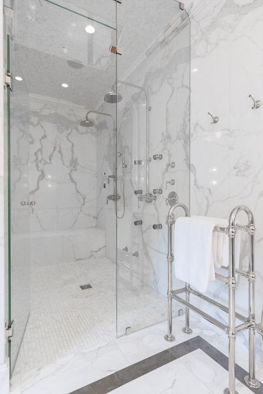 Bathroom, Glass Shower, Interior, Marble Walls, Recessed Lighting