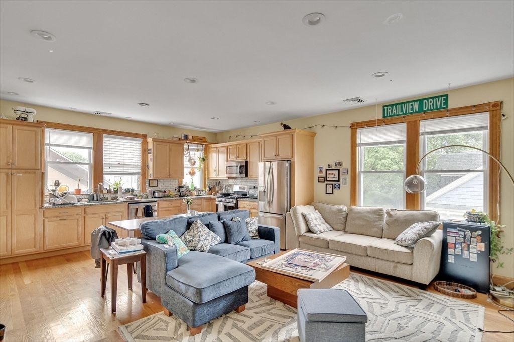Interior, Kitchen, Living room, Recessed Lighting, Stainless Steel Appliances, Wood Texture Flooring