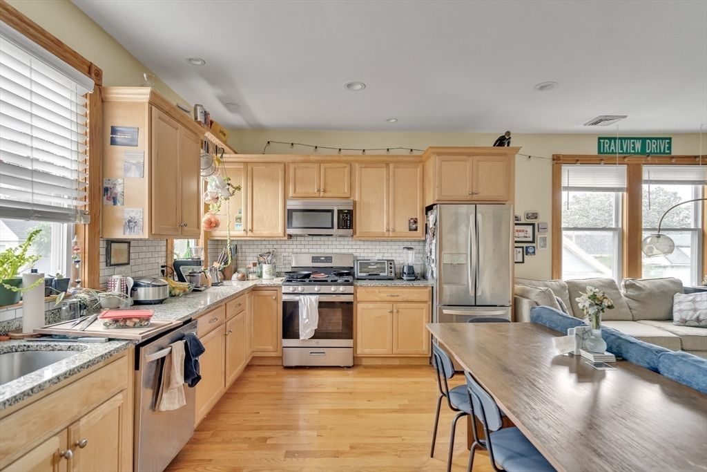 Interior, Kitchen, Living room, Recessed Lighting, Stainless Steel Appliances, Wood Texture Flooring