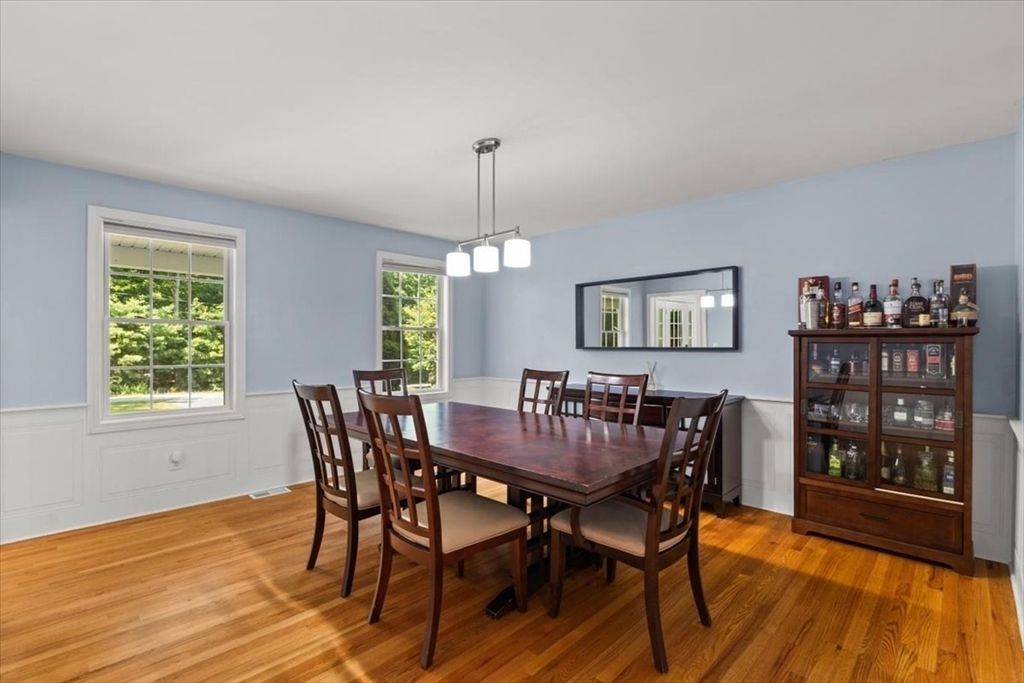 Dining room, Interior, Pendant Lights, Wood Texture Flooring
