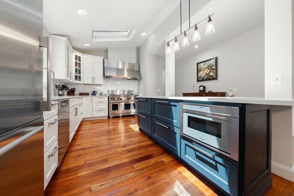 Interior, Kitchen, Pendant Lights, Recessed Lighting, Stainless Steel Appliances, Wood Texture Flooring